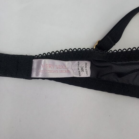 Victoria Secret Bra 36C Very Sexy Lined Demi Sequins Satin Stripe Black Padded - Picture 7 of 11